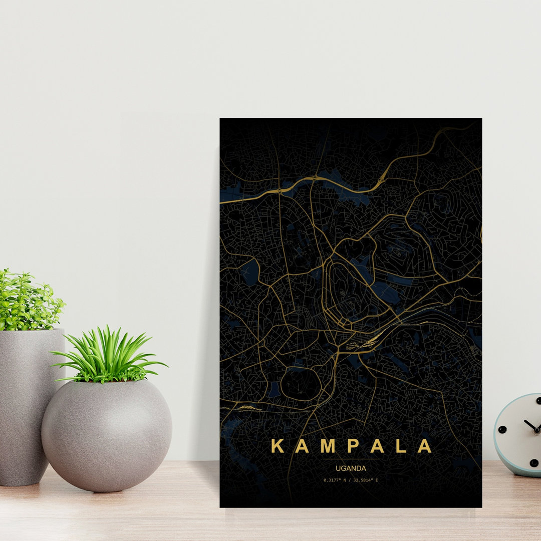 Golden Kampala Map Abstract Elegant Minimalist City Wall Art Print