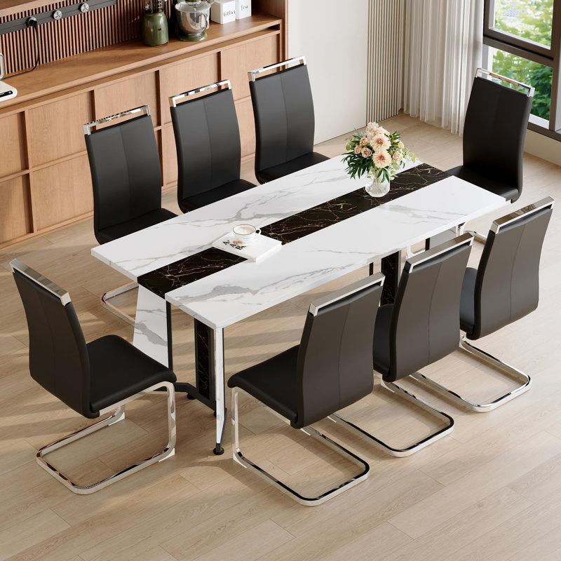 9 Piece Dining Table Set Featuring A Tabletop And Streamlined Support Legs. 70.9" Rectangular Dining Table Set For 8 Delivers Stability, Comfort And Style.