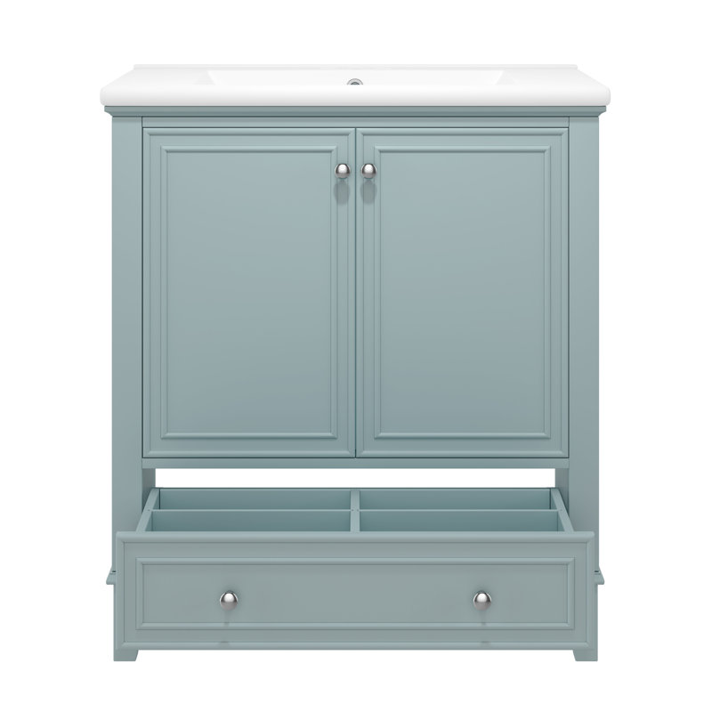 Meuble-lavabo simple 30 po avec lavabo en céramique gris et bleu, 30 portes, 2 portes avec supports de rangement, tiroir avec séparateur, tablette réglable, autoportant