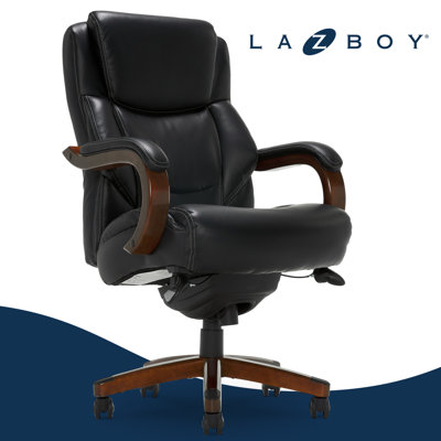 La-Z-Boy Delano Big & Tall Executive Office Chair, Ergonomic Mid-Back with Body Pillow Lumbar Support, ComfortCore® with Memory Foam Cushion, Mahogany Wood Arms and Swivel Base, Bonded Leather
