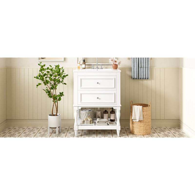 Meuble-lavabo de 61 cm avec lavabo en céramique, rangement de style rétro, tablette ouverte et 2 tiroirs, - Vasque lisse avec trou antidéversement pour un nettoyage facile