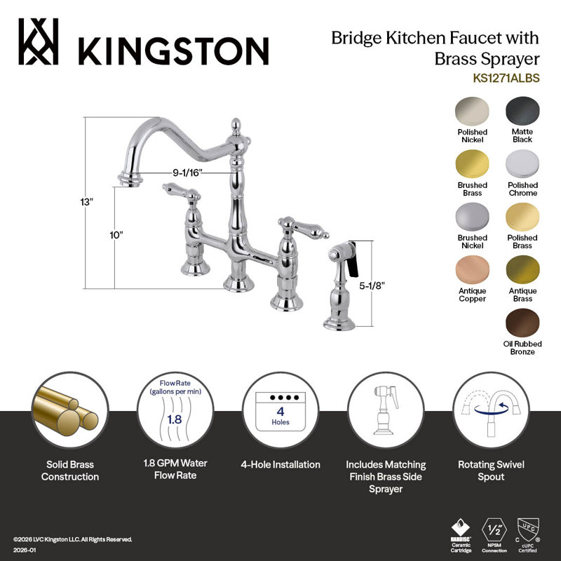 Kingston Brass Heritage Two-Handle 4-Hole Deck Mount Bridge Kitchen Faucet with Brass Side Sprayer, Polished Chrome