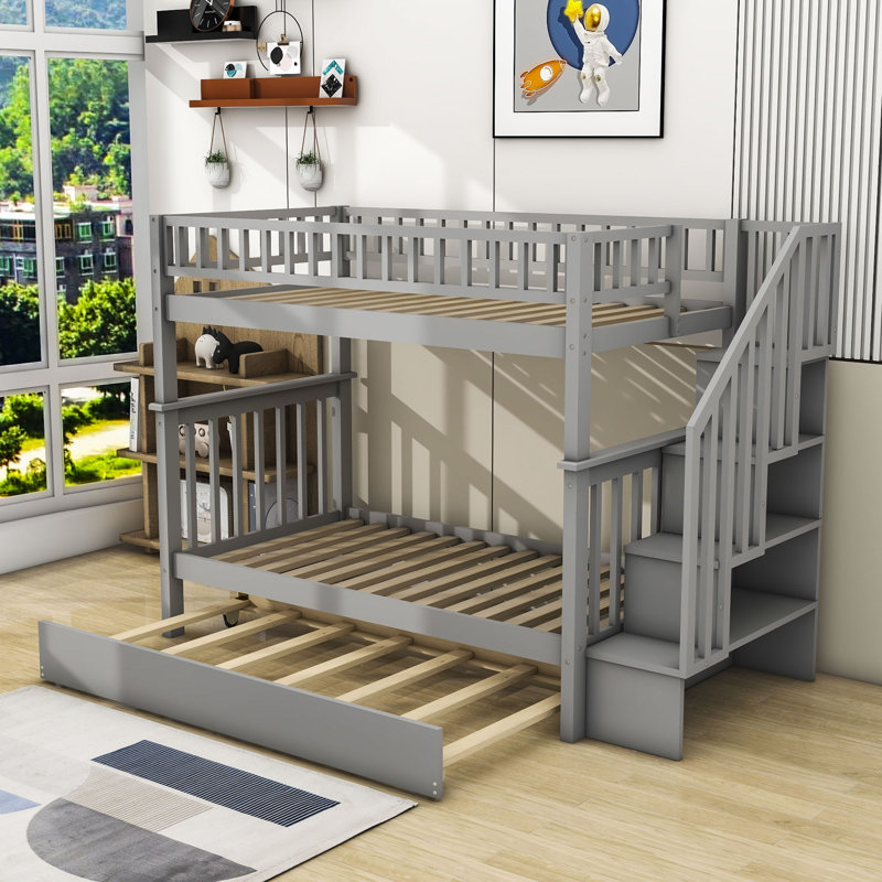 Hasen Twin over Twin Standard Bunk Bed with Trundle by Harriet Bee, Gray