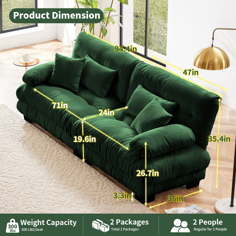 Canapé Cloud 2 places pour salon, tissu chenille, Green
