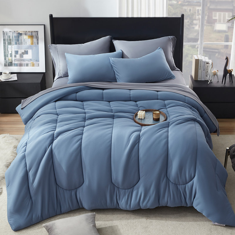 Jersey Knit Comforter Set, Soft and Breathable Down Alternative Comforter, King Comforter + 2 King Shams, Stone Blue