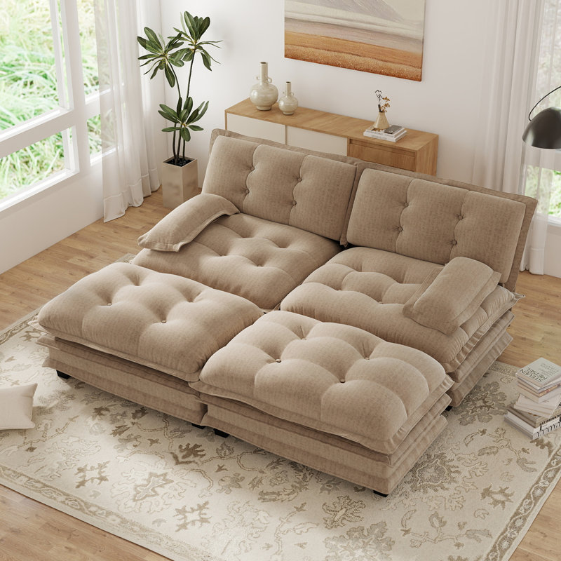 Modular Chenille Sectional Sofa U-shaped Cloud Couch With 2 Ottomans, Light Coffee