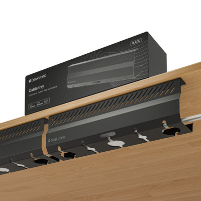 Plateau de gestion des câbles sous-bureau Desktronic – Organisateur de câbles en acier pour bureau assis-debout, ensemble de 2, fixation par vis, noir