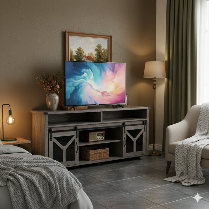 Meuble télé de 65,3 pouces de style maison de campagne avec bandes lumineuses à DEL et portes de grange en fer avec une bande décorative en Y, fini en gris champêtre.