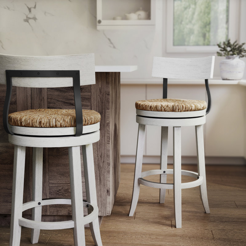 Tabouret 31 "à hauteur de bar en bois avec siège en ruppie naturelle, 1 pièce, Blanc