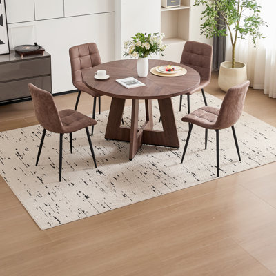 5 Piece 47'' Round Dining Table Set for 4, Farmhouse Kitchen Table with 4 Velvet/Corduroy Modern Dinning Room Chairs for Home, Apartment