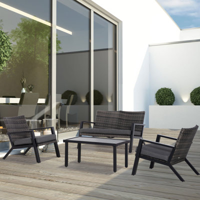 Ensemble de meubles de patio 4 pièces Outsunny, 2 chaises en osier PE, canapé causeuse, table basse d'extérieur, coussins moelleux, canapé et fauteuils pour la cour, le jardin, noir