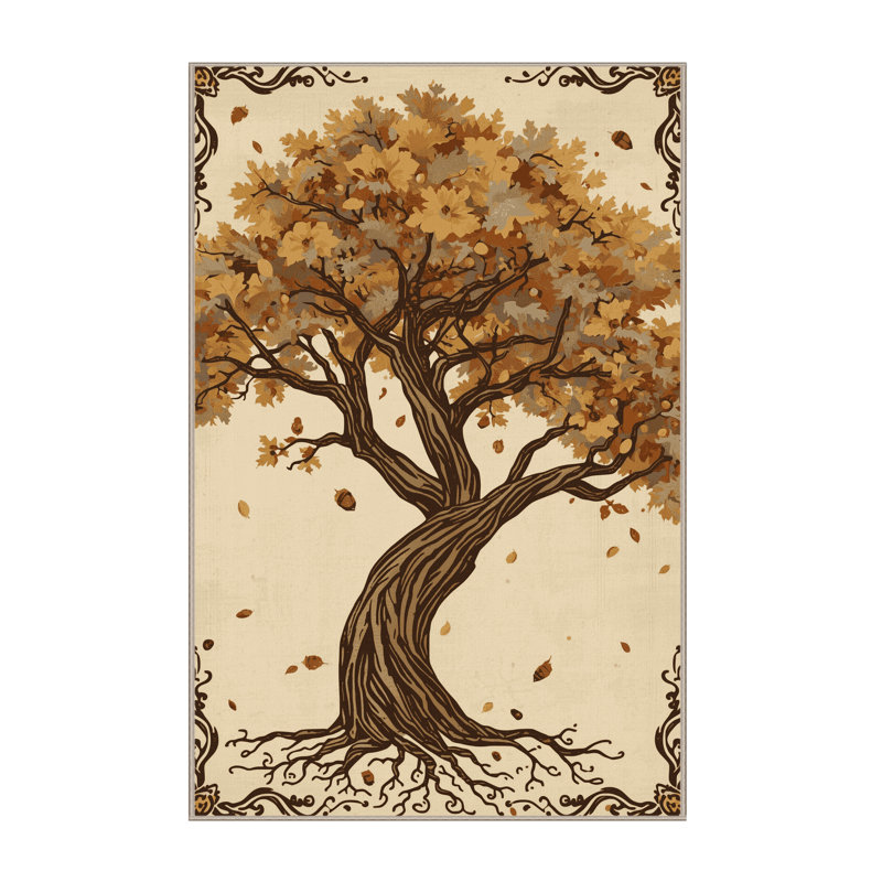Machine Washable Ortencia Oak Tree Country Rustic Vintage Look Rug in Beige – Beige Binding, 4x6