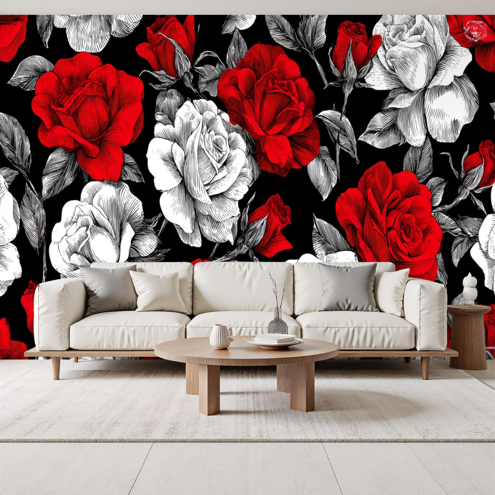 Red Barrel Studio Peel and Stick Wallpaper Red White Roses Black Wall ...