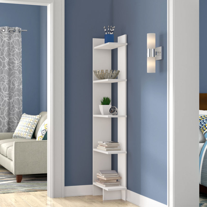 Deddrick Corner Bookcase, White, (5 Shelves) 67" H x 18" W x 9" D