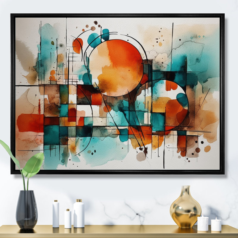 Orange orange géométrique - art mural abstrait géométrique, H 16 po x l 32 po x P 1 po, Cadre flottant noir