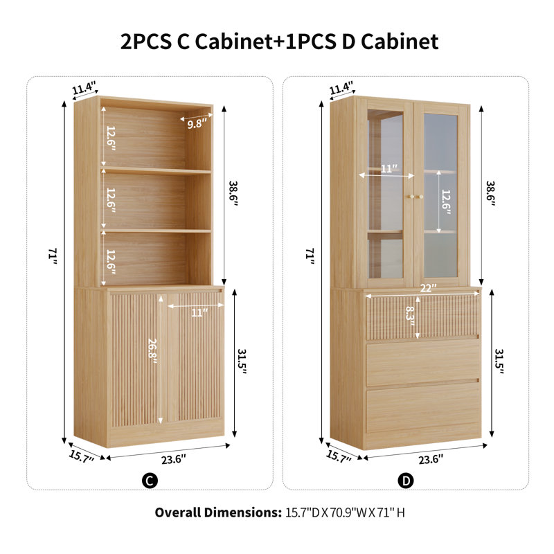 71" H X 70.9" W Bookcase Cabinet With Glass Doors & Storage Drawers(2C+D)