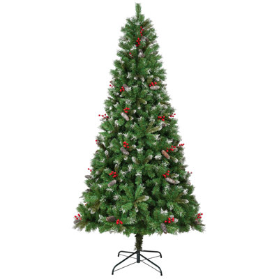 Artificial Christmas Tree, 7Ft Snow Flocked Xmas Tree with Mixed 500 Branch Tips, Pines, Berries, Metal Stand
