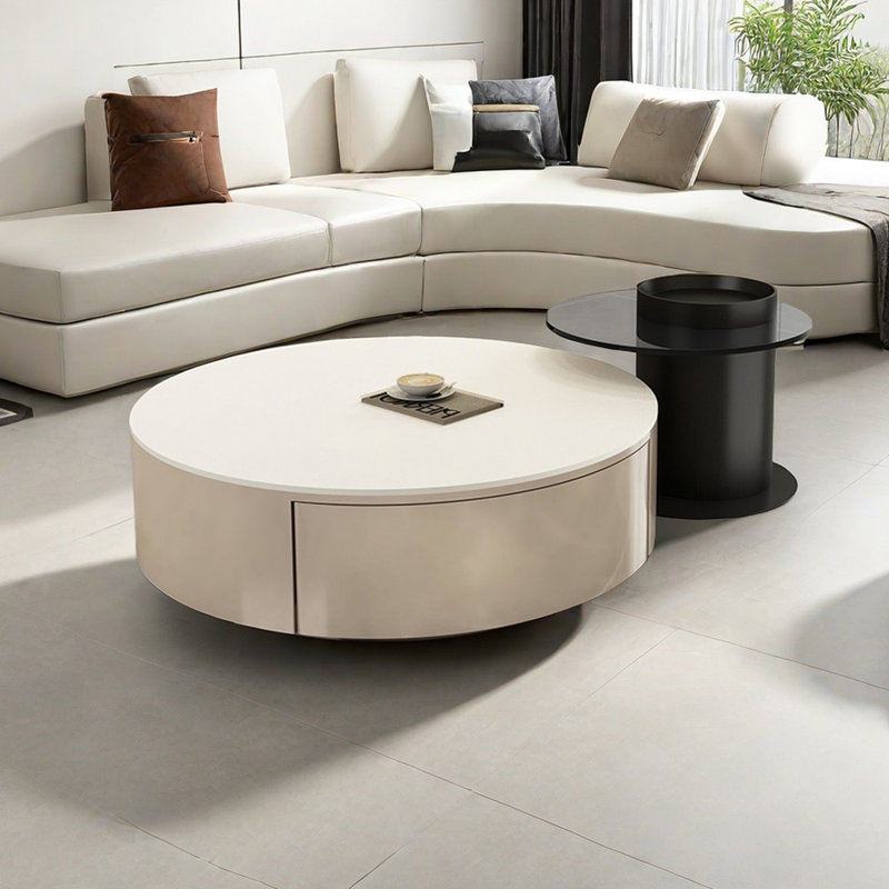 Table basse moderne simple ronde, H 12,2 po x L 31,5 po x l 31,5 po, Blanc, Noir, noir, noir, noir