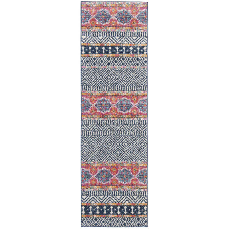 Tapis bleu marine / ivoire à motif géométrique Felty, Tapis de couloir 2 pi 3 po x 6 pi