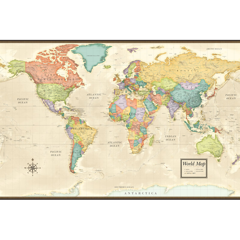 Carte du monde classique, impression sur toile tendue, H 12 po x l 18 po, Non, Toile encadrée noire
