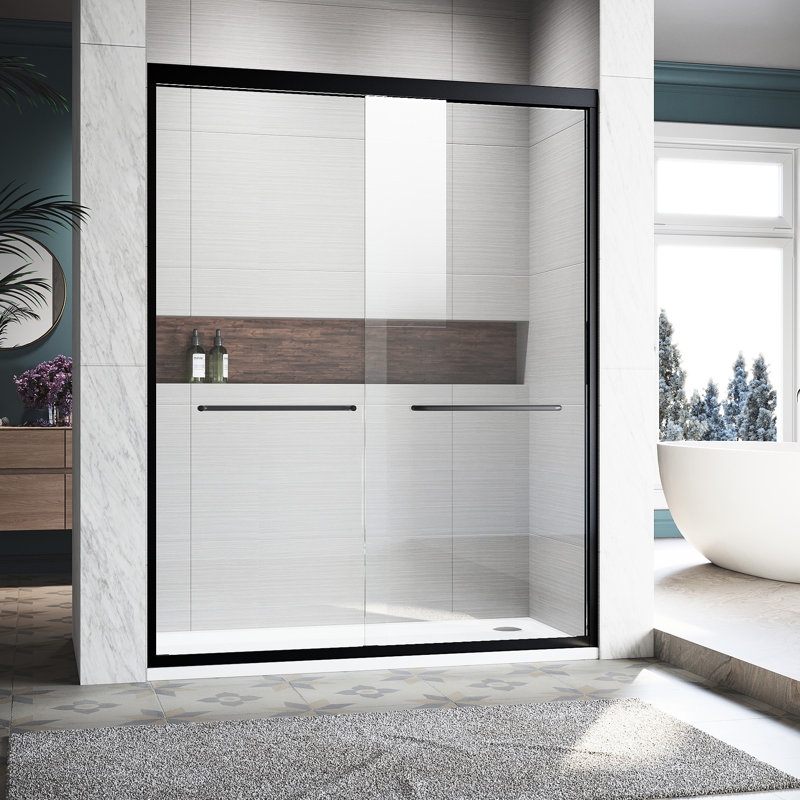 56-60 In. Sliding Shower Door, Clear Tempered Glass, 304 Stainless Steel Handles, Black, Easy Installation Process 56 - 60 W X 72 H Semi , Matt Black For Bathroom