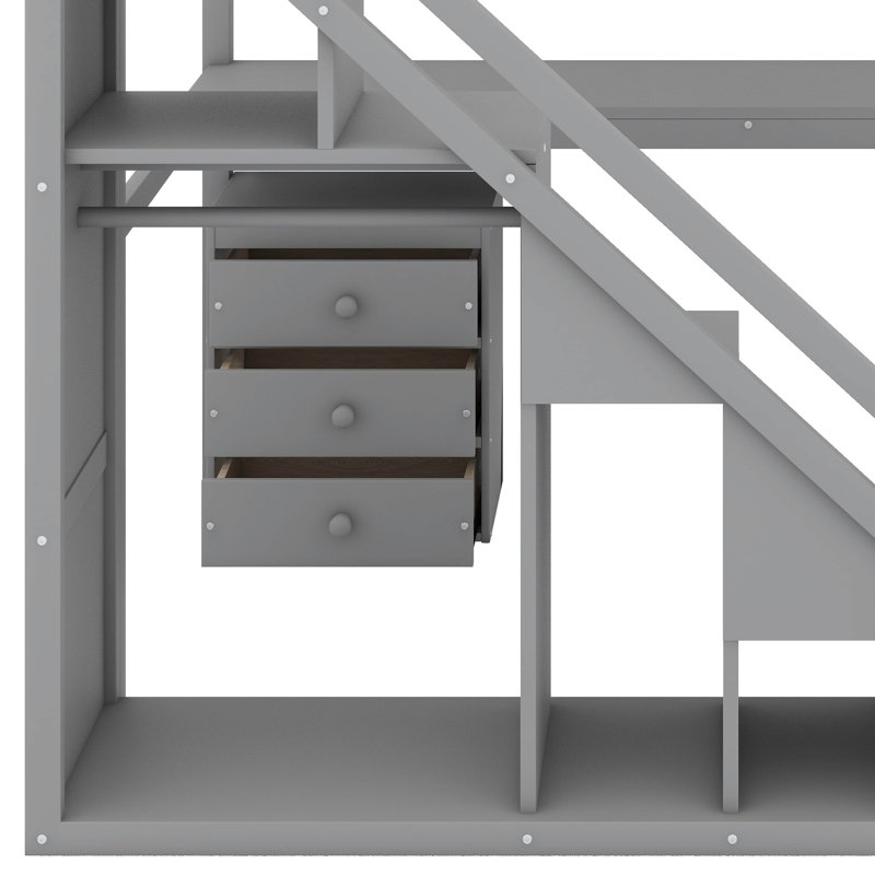 Structure de lit mezzanine avec escalier de rangement avec main courante, commode avec tiroir, DEL, garde-robe ouverte, gris