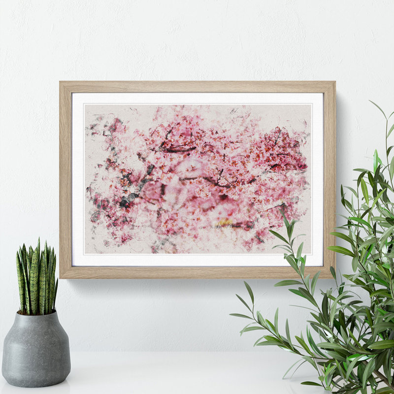Pink Cherry Blossom Flowers Vol.3 - Picture Frame Graphic Art on MDF, Oak Framed, 48cm H x 65cm W x 2cm D
