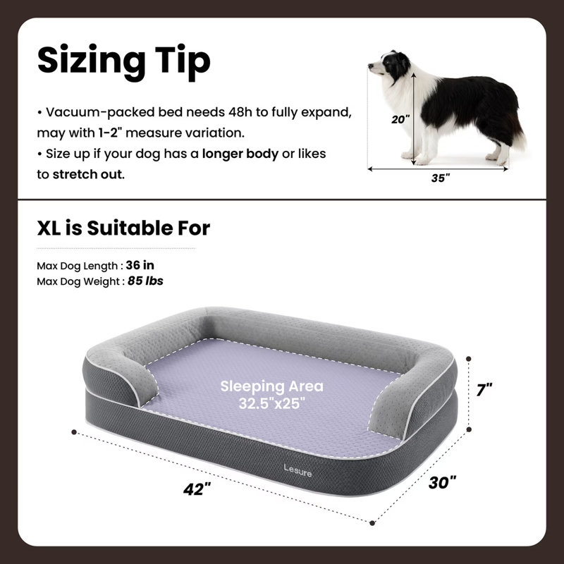 Lesure RealOrtho 3-Layer Orthopedic & Memory Foam Sofa with Removable Cover Dog Bed, XL (7" H x 42" W x 30" D), Ash Grey