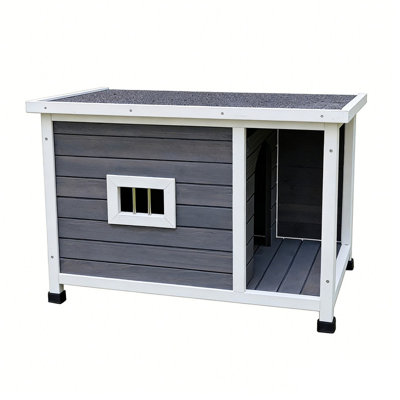 Outdoor Gray Cat House with Waterproof Roof, Ventilated Windows, and Sturdy Metal Support – Spacious & Stylish Pet Shelter for Cats