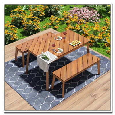 Ensemble de table et banc 3 pièces en bois d'acacia à grain diagonal