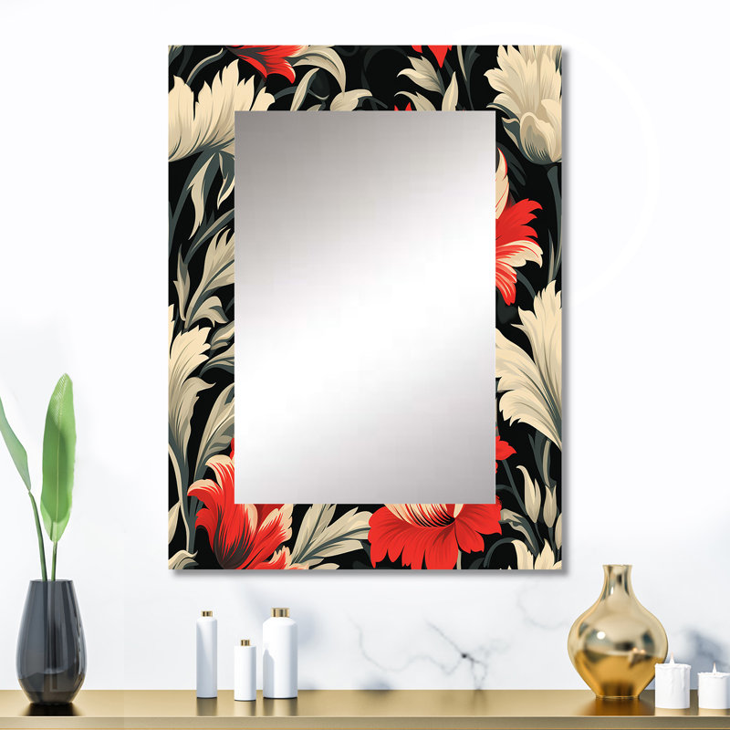 Brenon Red And Beige Victorian Ikat Legacy Flowers - Ikat Decorative Mirror, Victorian Large Wall Mirror, Printed Metal Art