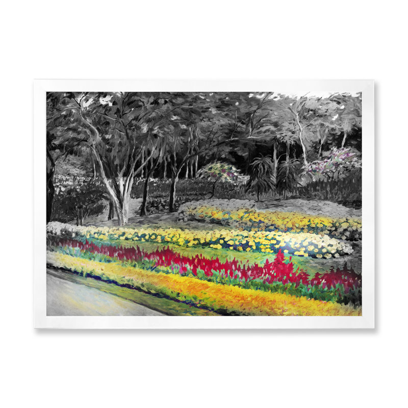 Jardin vert en noir et blanc - reproduction sur toile, H 16 po x l 32 po x P 1 po, Cadre photo blanc