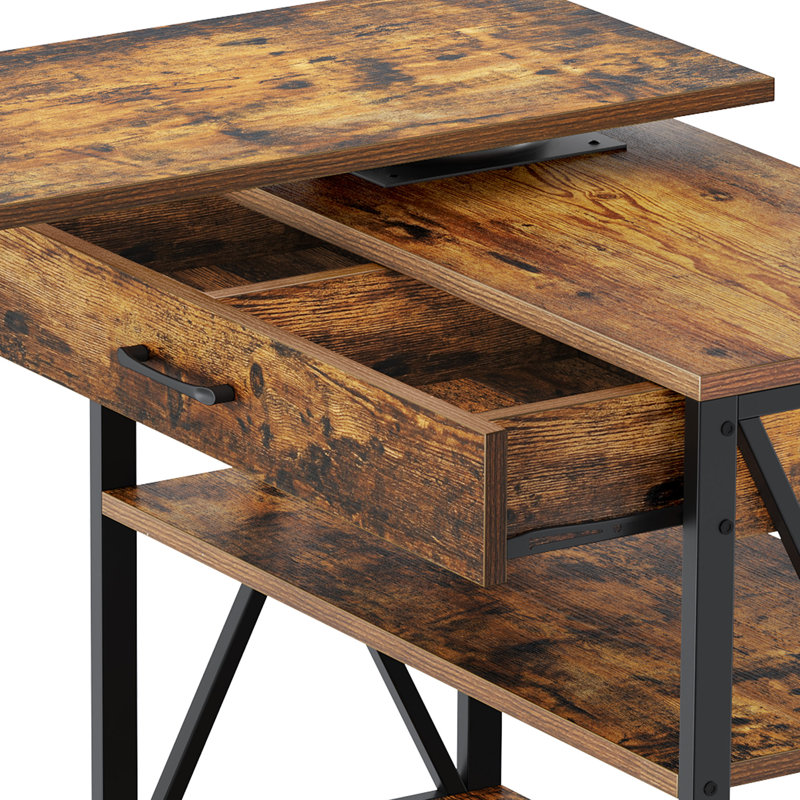 Rustic Brown 360° Rotating Sofa Table with Storage Drawer