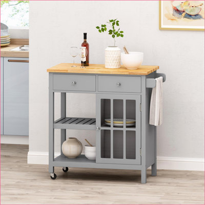 Chariot pour îlot de cuisine avec plateau en bois d'hévéa massif | Chariot de rangement contemporain à roulettes avec tiroir, porte-serviettes | Bois | Gris clair