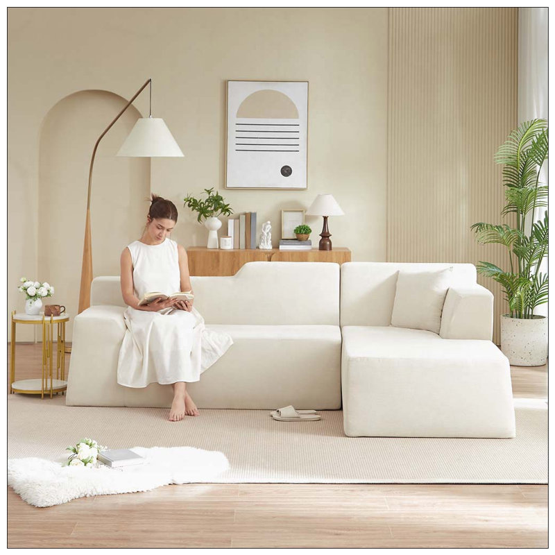 Canapé moderne en forme de L en velours côtelé, Beige-droit