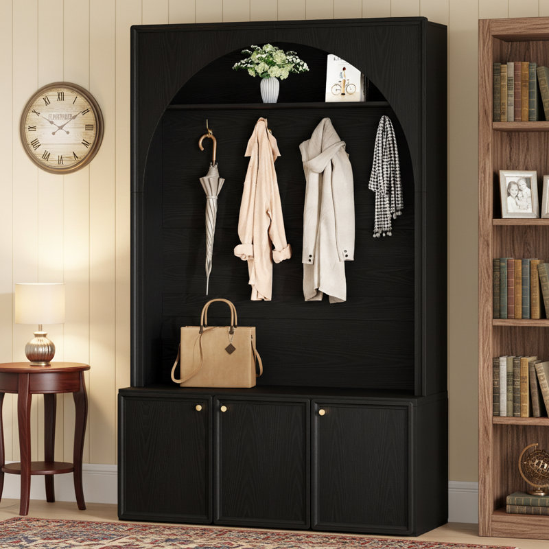 Hall Tree With Storage Bench, Coat Hook Storage, Arched Design, Contemporary, Entryway Organization, Black