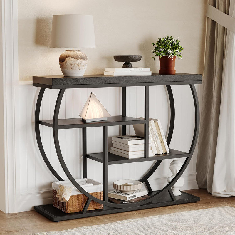 Industrial 4-Tier Narrow Entryway Table with Storage Shelves for Living Room & Hallway, Black