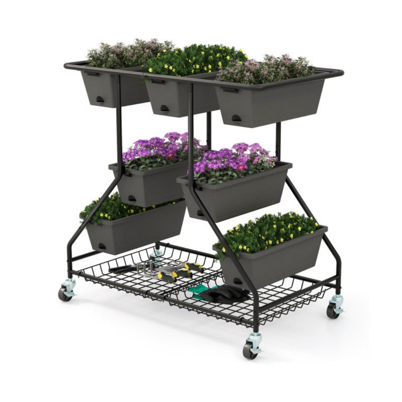 40 In. Black Plastic Vertical Raised Garden Bed With 7-Planter Boxes And Storage Baskets