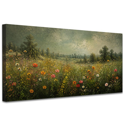 Vintage Flower Meadow Landscape Canvas Wall Art, Farmhouse Wildflower Field Wall Decor for Living Room or Bedroom, Gallery Wrapped Artwork, Ready to Hang, (30"x60")