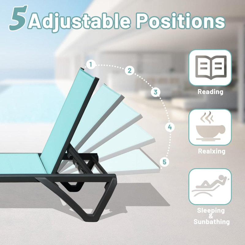 Outdoor Lounge Chair, Aluminum Plastic Patio Chaise Lounge With Side Table & 5 Position Adjustable Backrest & Wheels, All Weather Reclining Chair For Outside Beach Poolside Lawn,  Lake Blue