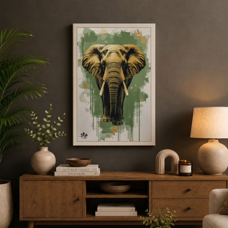 Golden Elephant Portrait Boho - Wrapped Canvas, 18x12 - 45.7 x 30.5 cm, Terracotta Border