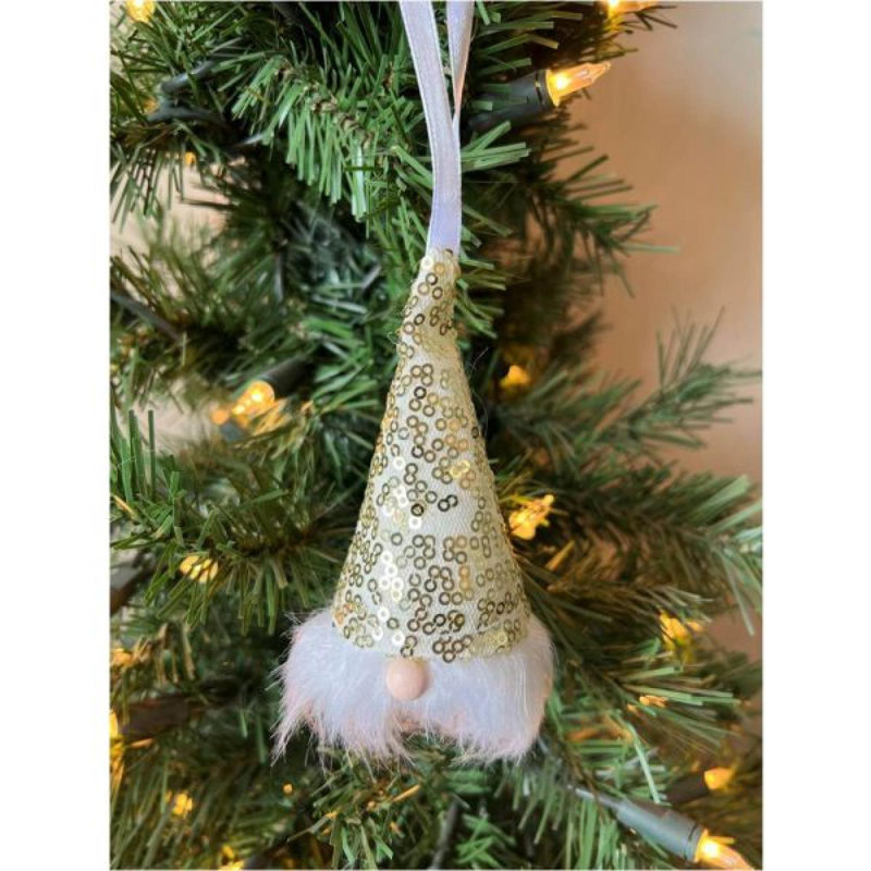 Ornement en forme de gnome suspendu avec paillettes dorées