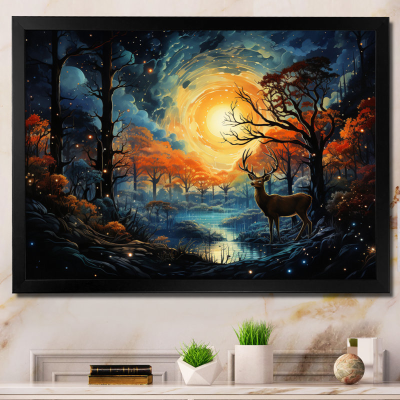 Décoration murale cerfs, symphonie céleste - animaux, H 24 po x l 32 po x P 1 po, Cadre simple noir