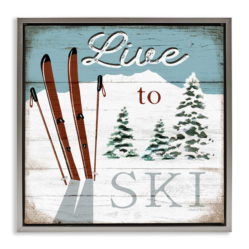 «Live To Ski», art mural encadré flottant par Elizabeth Tyndall, H 18 po x l 18 po, Cadre flottant gris lustré