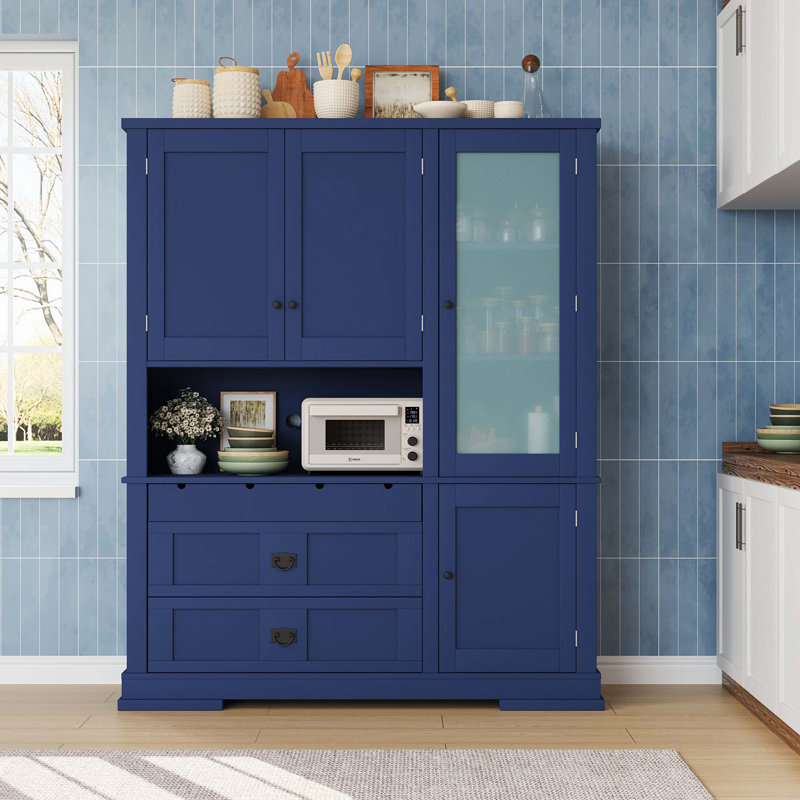 Buffet autoportant traditionnel de 63,3 po x 17,8 po x 78,3 po avec huche, grand garde-manger bleu avec tiroirs, tablette de porte et tablettes réglables Traditional