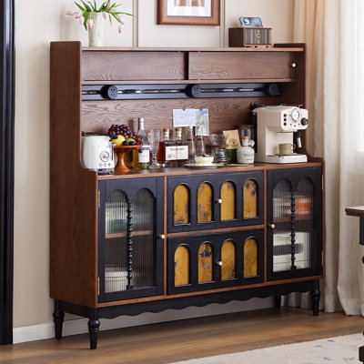 Buffet noyer + bois massif noir + bois manufacturé + verre