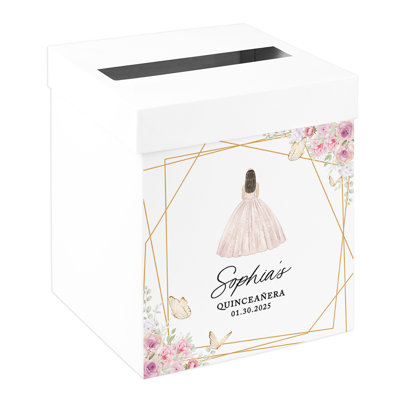Boîte à cartes personnalisée Quinceanera, robe rose et décorations de fête d'anniversaire papillon XV