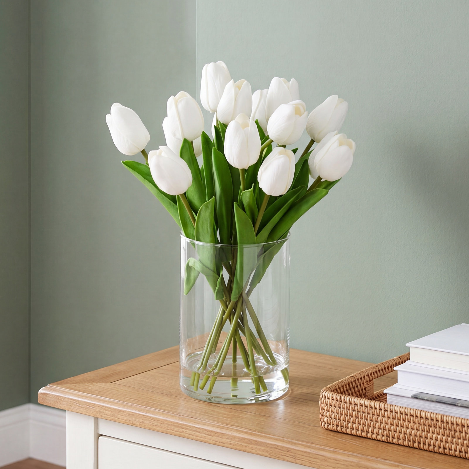 Artificial White Tulips In Vase 12In - Real Touch Faux Tulips Bouquet With Glass Vase & Faux Water, Spring Tulip Centerpiece For Dining Table Home Decor Wedding Mothers Day Gift