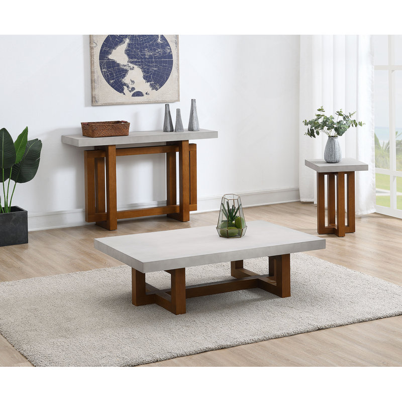 Table de bout en faux béton et plateau en noyer, Noyer, H 32 po x l 47 po x P 14 po, Gris
