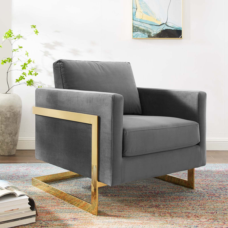 Posse Upholstered Fabric Accent Chair, Gray Polyester, Gold